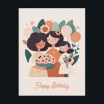 Cute cartoon mother daughter girls. Happy Birthday Postcard<br><div class="desc">Cute cartoon mother and daughters family Postcard for birthday.</div>