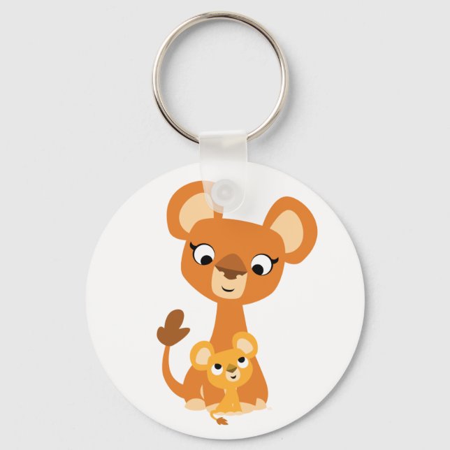 Cute Cartoon Mother Lioness and Cub Keychain (Front)