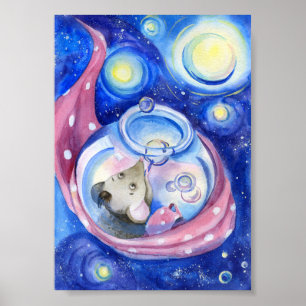 Cute Cartoon Mouse Watercolor Poster