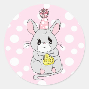 Cute Cartoon Mouse with Birthday Hat and Cheese Classic Round Sticker