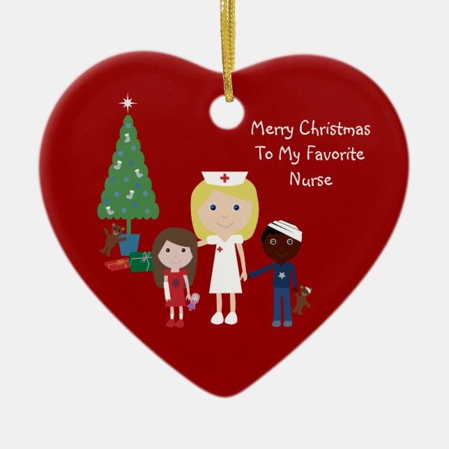 Cute Cartoon Nurse, Children & Christmas Tree Ceramic Ornament (Front)