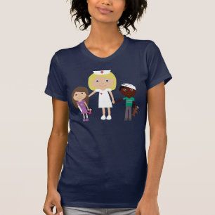 Cute Cartoon Nurse & Children Navy Tee Shirt