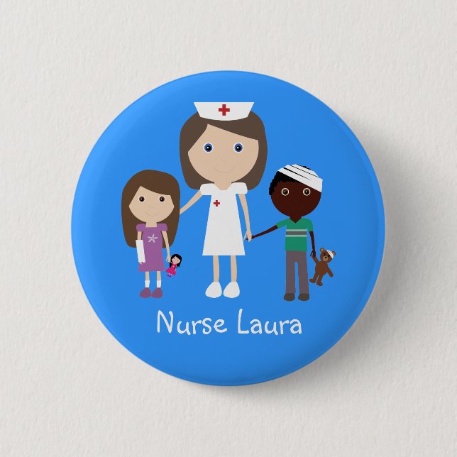 Cute Cartoon Nurse & Children Personalized 2 Inch Round Button (Front)