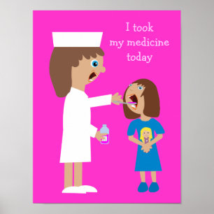 Cute Cartoon Nurse Giving Child Medicine Poster