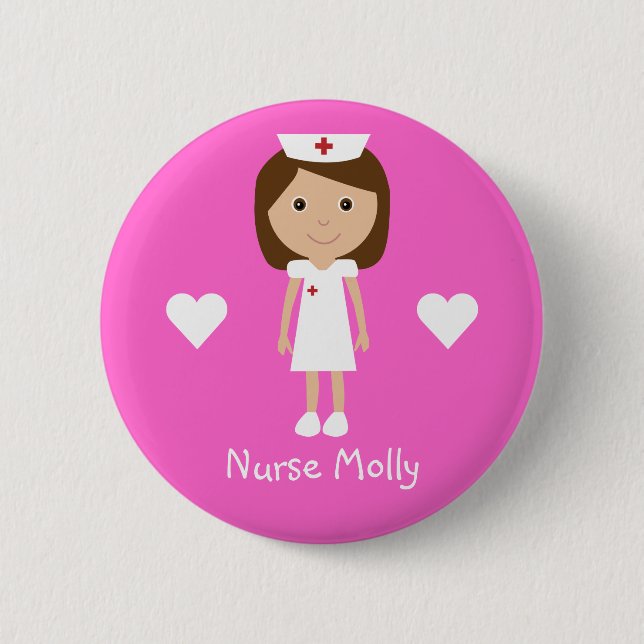Cute Cartoon Nurse & Hearts Personalized Pink 2 Inch Round Button (Front)