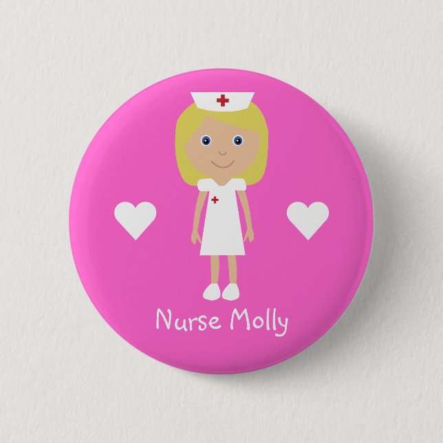 Cute Cartoon Nurse & Hearts Personalized Pink 2 Inch Round Button (Front)