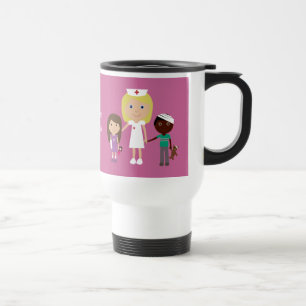 Cute Cartoon Nurse & Kids Customizable Pink Travel Mug