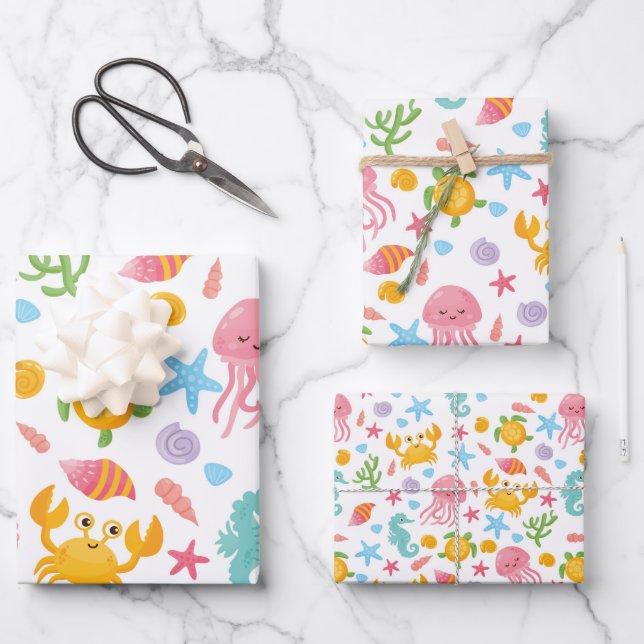 Cute Cartoon Ocean Sea Life Seashell, Starfish   Wrapping Paper Sheet (Front)