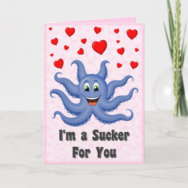 Cute Cartoon Octopus Hearts Funny Valentines Day Holiday Card (Front)