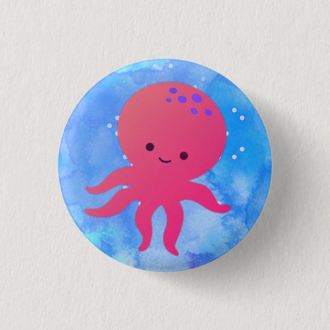 Cute Cartoon Octopus In Blue Ocean Watercolor 1 Inch Round Button (Front)