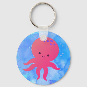 Cute Cartoon Octopus In Blue Ocean Watercolor Keychain