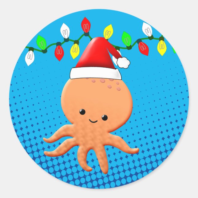 Cute Cartoon Octopus Santa Hat Christmas Lights Classic Round Sticker (Front)
