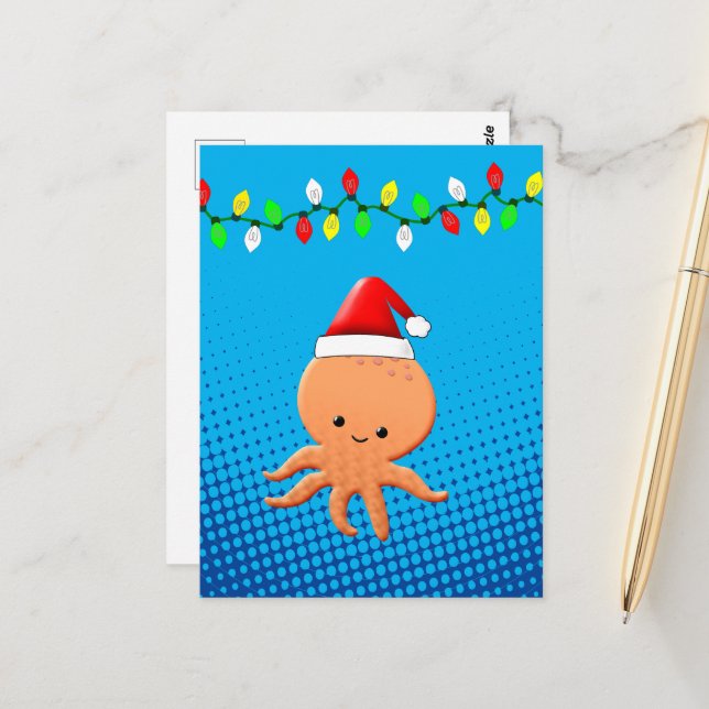 Cute Cartoon Octopus Santa Hat Christmas Lights Postcard (Front/Back In Situ)