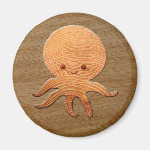 Cute Cartoon Octopus With Faux Wood Print Magnet