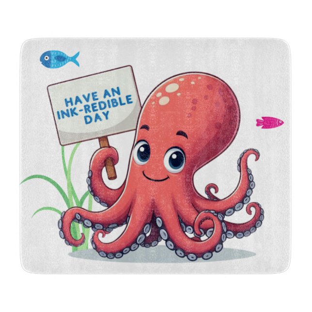 Cute, cartoon octopus with fish cutting board (Front)