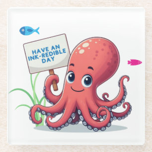 Cute, cartoon octopus with fish glass coaster
