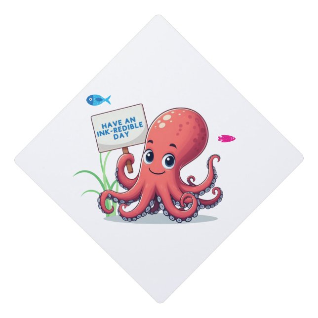Cute, cartoon octopus with fish graduation cap topper (Front)