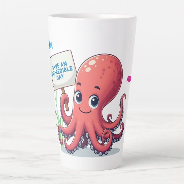 Cute, cartoon octopus with fish latte mug (Front)