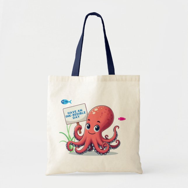 Cute, cartoon octopus with fish tote bag (Front)