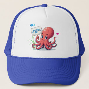 Cute, cartoon octopus with fish trucker hat