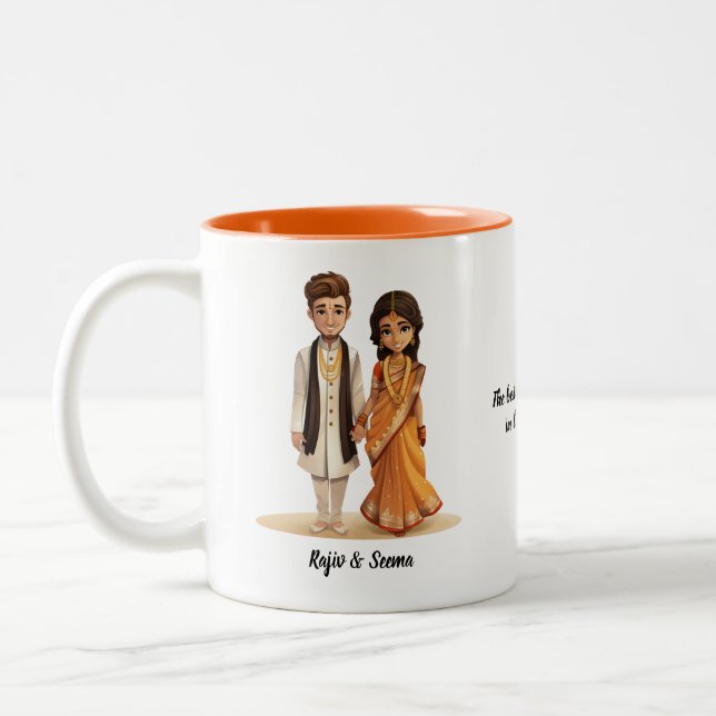 Cute Cartoon of Desi Bride & Groom Indian Wedding  Two-Tone Coffee Mug (Left)