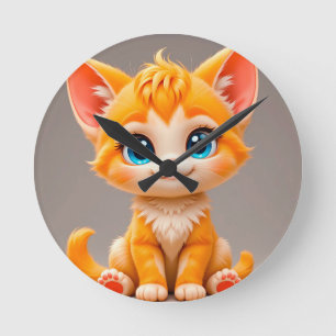 Cute Cartoon Orange Kitten Round Clock