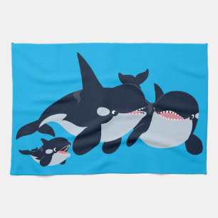 Cute Cartoon Orca Family Tea Towel