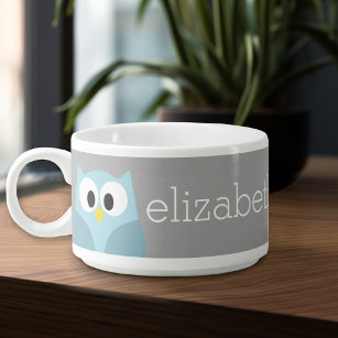 Cute Cartoon Owl - Blue and Grey Custom Name Bowl