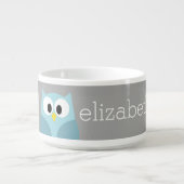 Cute Cartoon Owl - Blue and Grey Custom Name Bowl (Center)