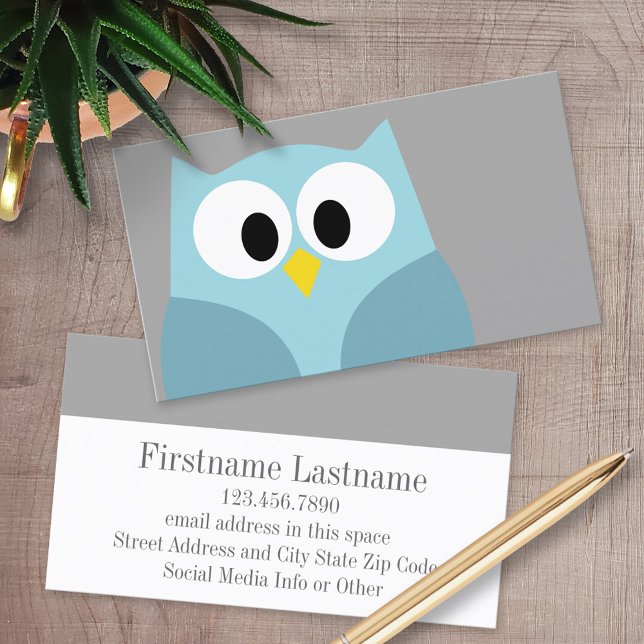 Cute Cartoon Owl - Blue and Grey Custom Name Business Card (Custom Printed Business Cards)