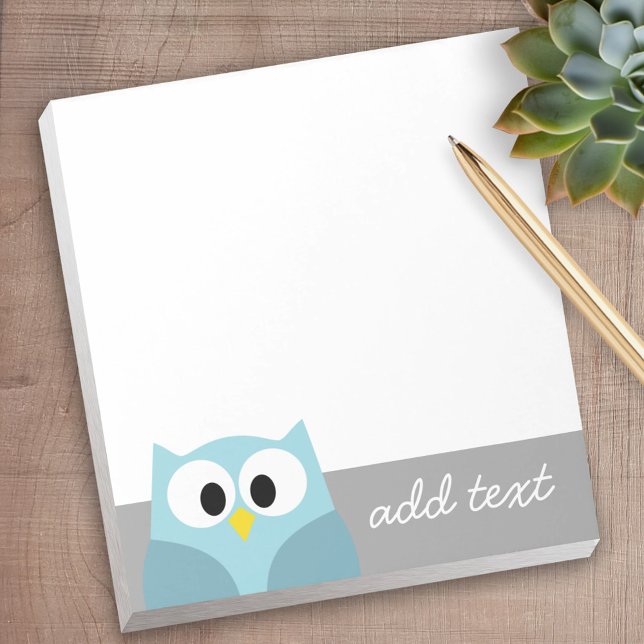 Cute Cartoon Owl - Blue and Grey Custom Name Notepad (Personalized notepad - great for a gift or your home office)
