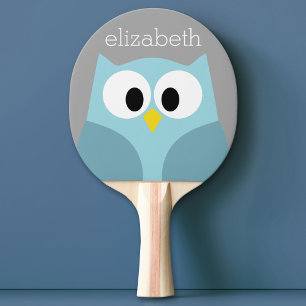 Cute Cartoon Owl - Blue and Grey Custom Name Ping Pong Paddle