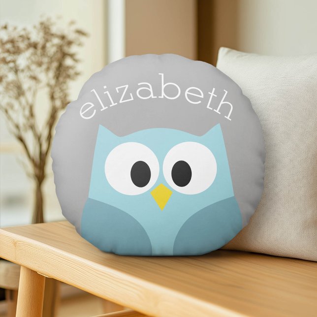 Cute Cartoon Owl - Blue and Grey Custom Name Round Pillow (Custom Pillow)