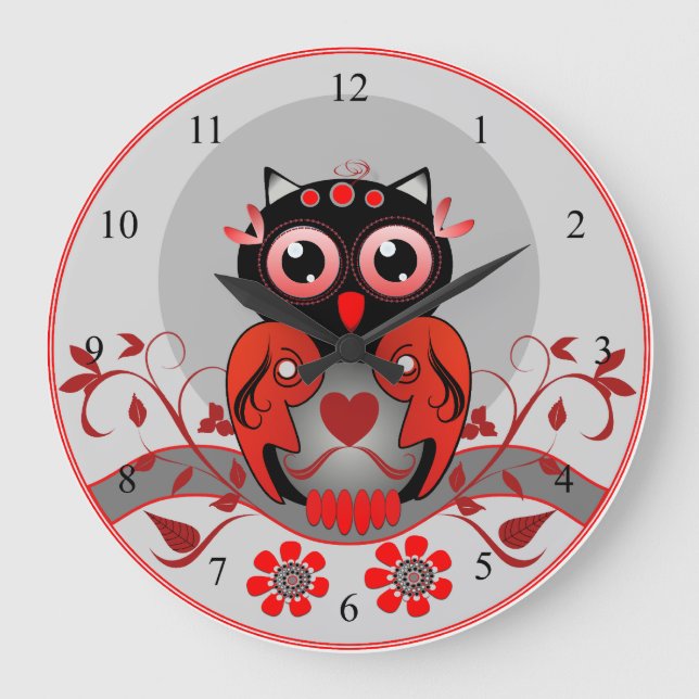 Cute cartoon Owl clock in red, black and grey (Front)