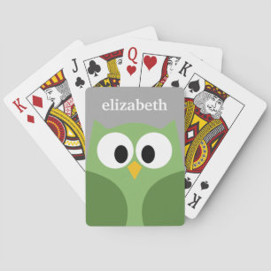 Cute Cartoon Owl - Green and Grey Custom Name Playing Cards