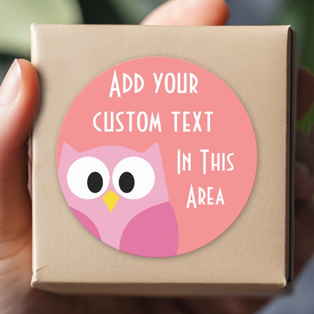 Cute Cartoon Owl in Pink and Coral Classic Round Sticker (Custom Sticker for Party Favors and Envelopes)