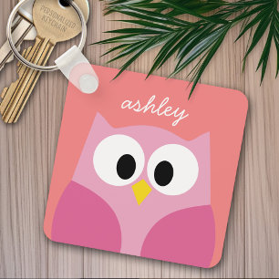 Cute Cartoon Owl in Pink and Coral Keychain