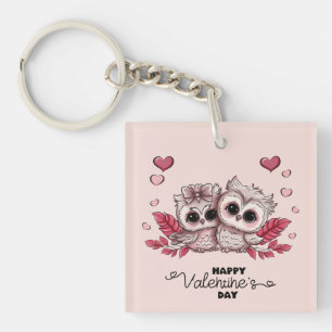 Cute Cartoon Owl Lovers Hearts Valentine’s Day Keychain