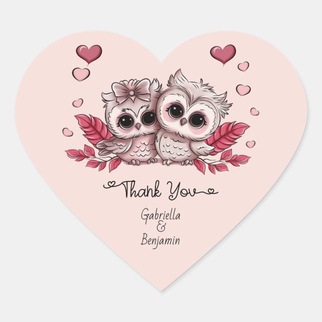 Cute Cartoon Owl Lovers  Valentine’s Day Thank You Heart Sticker (Front)