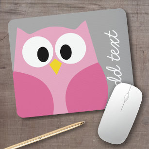Cute Cartoon Owl - Pink and Gray Custom Name Mouse Pad