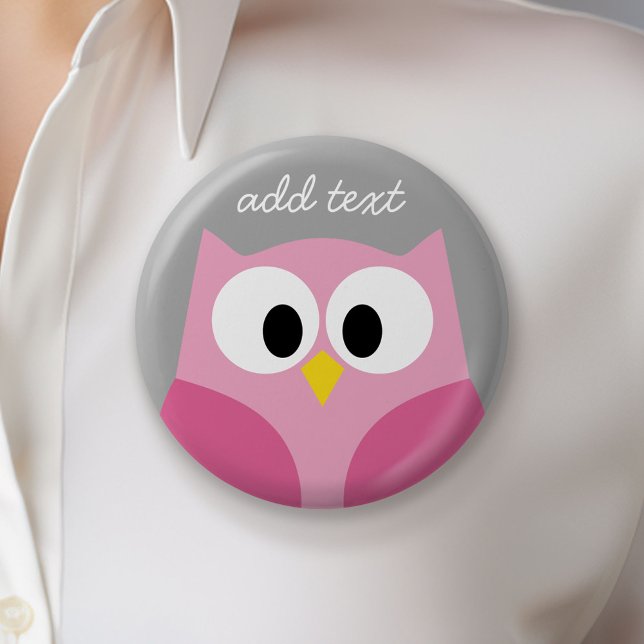 Cute Cartoon Owl - Pink and Grey Custom Name 2 Inch Round Button (Custom Button)