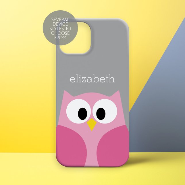 Cute Cartoon Owl - Pink and Grey Custom Name Case-Mate iPhone Case (Personalized Phone Case - Cute Cartoon Owl)