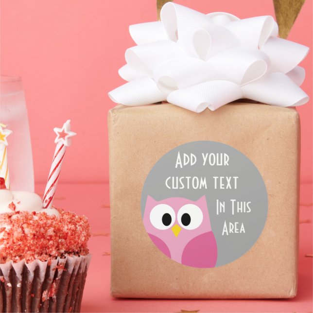 Cute Cartoon Owl - Pink and Grey Custom Name Classic Round Sticker (Party)