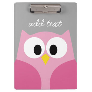 Cute Cartoon Owl - Pink and Grey Custom Name Clipboard