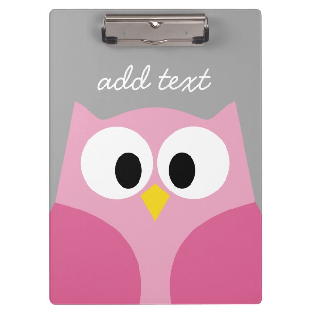 Cute Cartoon Owl - Pink and Grey Custom Name Clipboard (Front)
