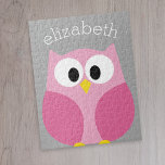 Cute Cartoon Owl - Pink and Grey Custom Name Jigsaw Puzzle<br><div class="desc">A modern and simple owl with trendy colours. You can add a name,  monogram or other custom text. If you need to move the art around,  click on the customize button to make changes.</div>