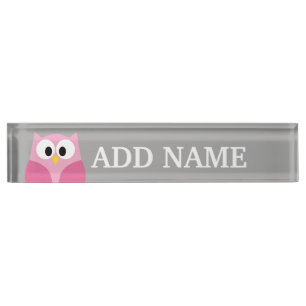 Cute Cartoon Owl - Pink and Grey Custom Name Nameplate