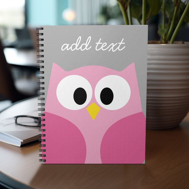 Cute Cartoon Owl - Pink and Grey Custom Name Notebook (Personalized notebook - add name and custom text)