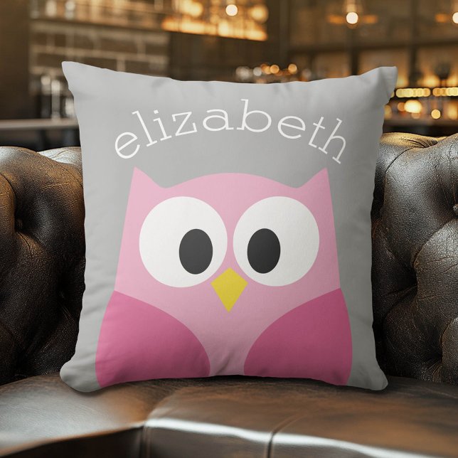 Cute Cartoon Owl - Pink and Grey Custom Name Outdoor Pillow (Whimsical Custom Monogram Pillow)