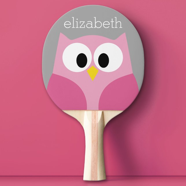Cute Cartoon Owl - Pink and Grey Custom Name Ping Pong Paddle (Custom Ping Pong Paddle)
